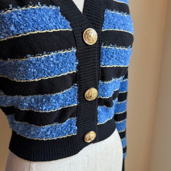 Cider Blue Black Striped Cropped Cardigan Gold Buttons Women’s Medium - Picture 4 of 13
